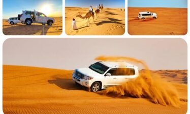 Many 4x4 driving across sand dunes as the sun rises over the desert.